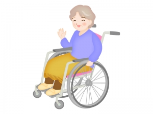 車椅子に乗り笑顔で片手をあげるお年寄りのイラスト イラスト無料 かわいいテンプレート