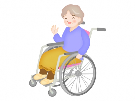 車椅子に乗り笑顔で片手をあげるお年寄りのイラスト