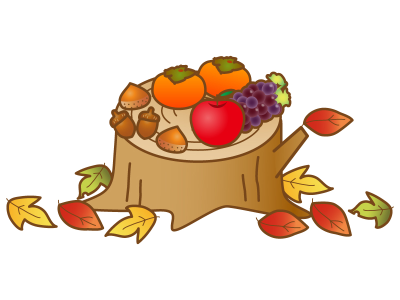 切り株と秋の味覚のイラスト