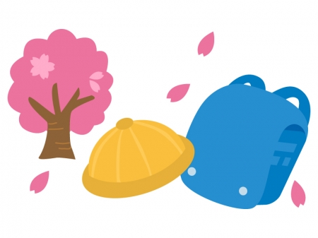 桜の木と水色のランドセルのイラスト