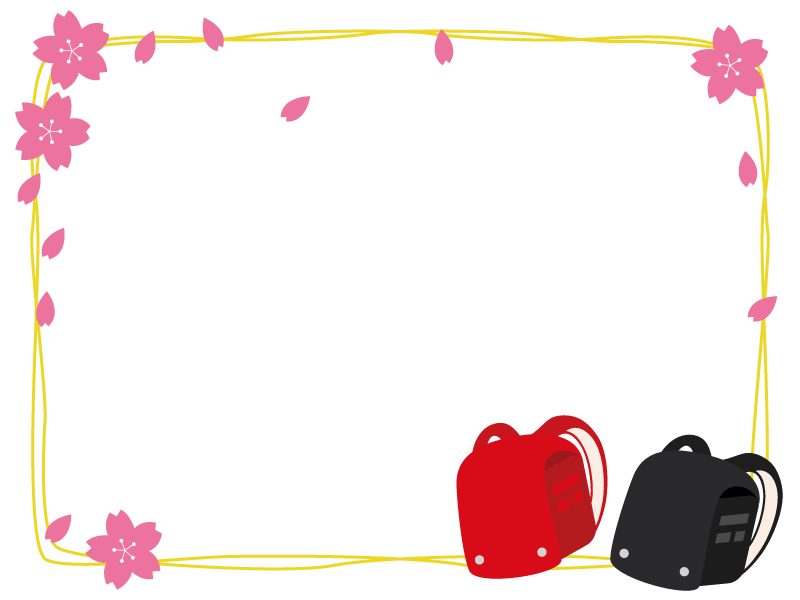 赤と黒のランドセルと桜の花のフレーム・枠イラスト