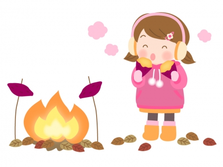 たき火と焼き芋を食べる子供のイラスト