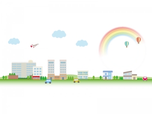 飛行機と虹と街並みのイラスト イラスト無料 かわいいテンプレート