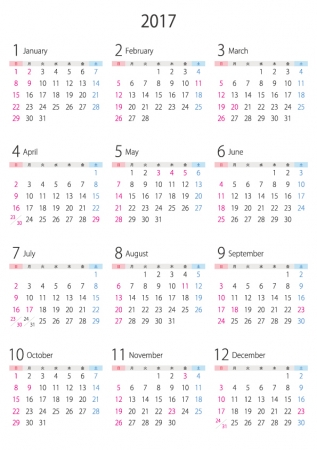 A4縦・2017年(平成29年)1月~12月の年間カレンダー02