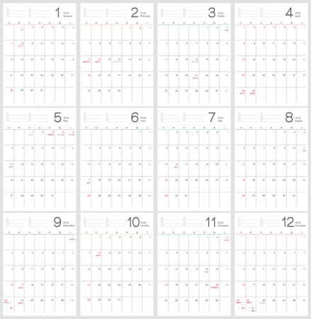 シンプルな2018年1~12月(平成30年)カレンダー・A4印刷用