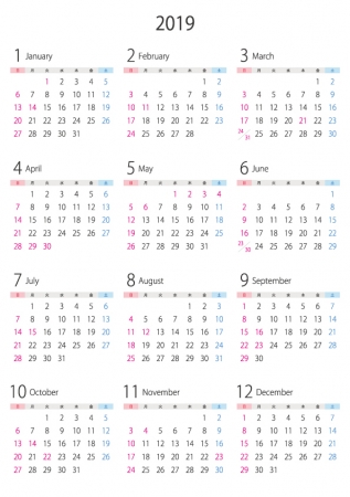 A4縦・2019年1月~12月の年間カレンダー