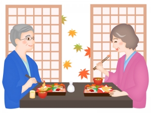 紅葉と旅館で食事する老夫婦のイラスト イラスト無料 かわいいテンプレート