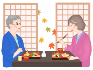 紅葉と旅館で食事する老夫婦のイラスト イラスト無料 かわいい