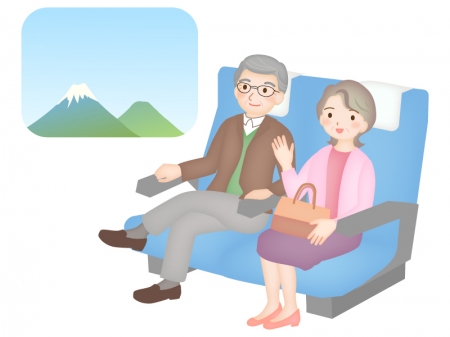 電車で旅をする老夫婦のイラスト