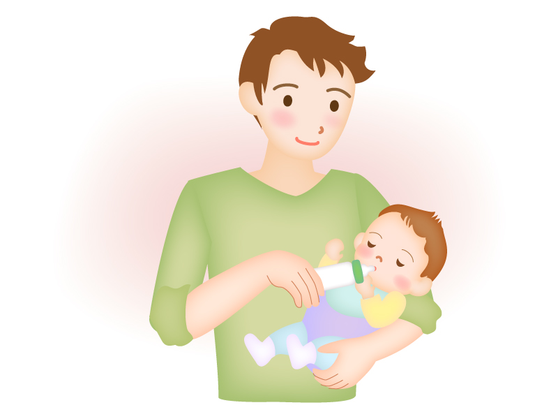 赤ちゃんにミルクをあげるイクメンのイラスト
