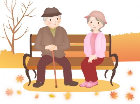 秋の公園でベンチに座る老夫婦のイラスト