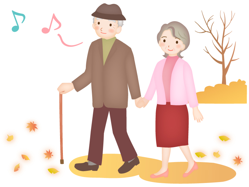 秋の公園で散歩をする老夫婦のイラスト