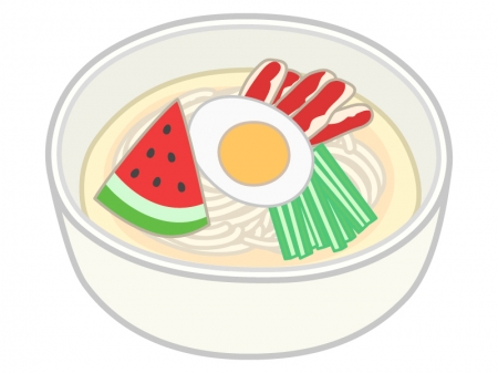 スイカが乗った冷麺のイラスト