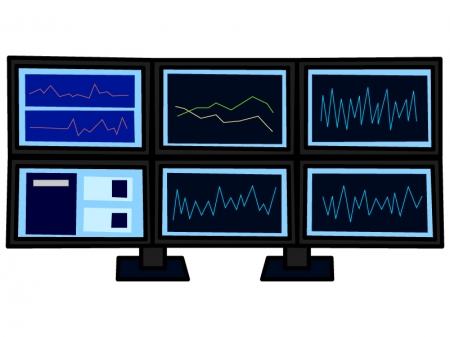 FXなどのトレードをしている複数のモニターのイラスト02