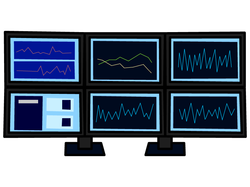 FXなどのトレードをしている複数のモニターのイラスト02