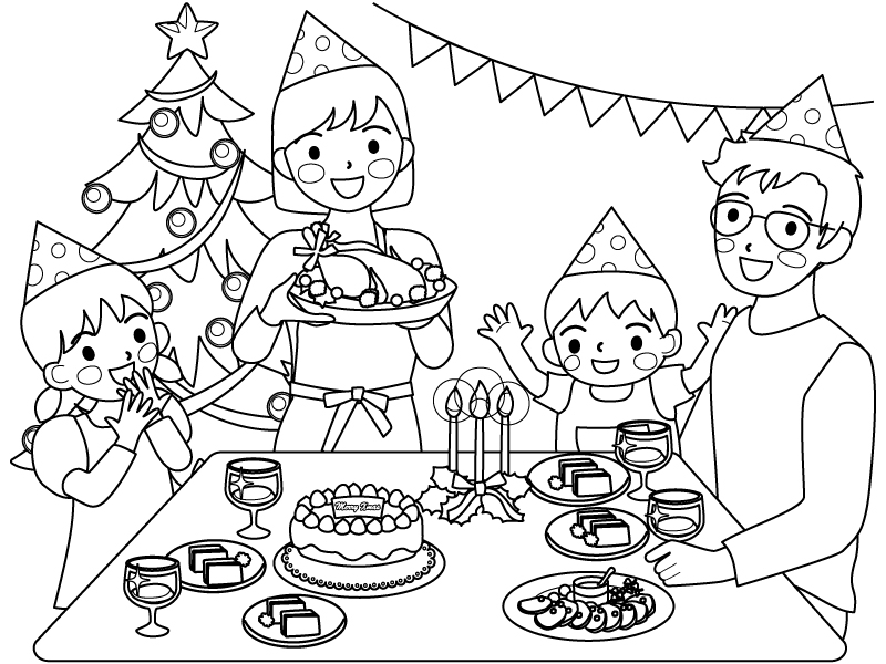 クリスマスパーティーをしている家族のぬりえ（線画）イラスト素材
