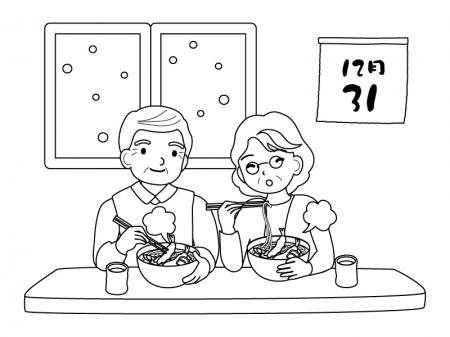 年越しそばを食べるお年寄り夫婦のぬりえ（線画）イラスト素材