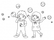 シャボン玉で遊ぶ子どものぬりえ（線画）イラスト素材