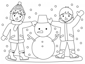 雪だるまを作る子供達のぬりえ 線画 イラスト素材 イラスト無料