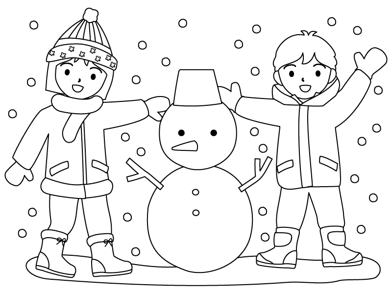 雪だるまを作る子供達のぬりえ（線画）イラスト素材