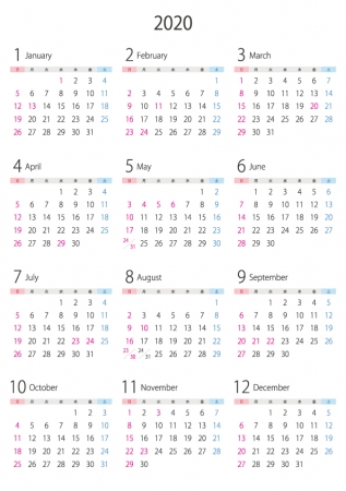 A4縦・2020年(令和2年)1月~12月の年間カレンダー02