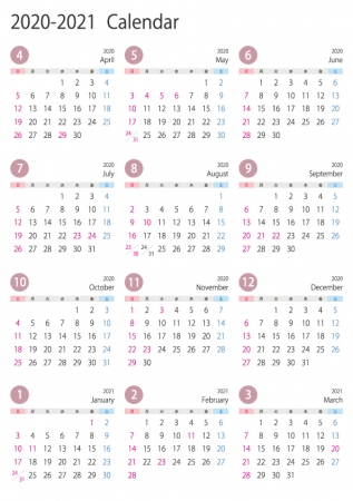 4月始まりの2020年4月~2021年3月の年間カレンダー