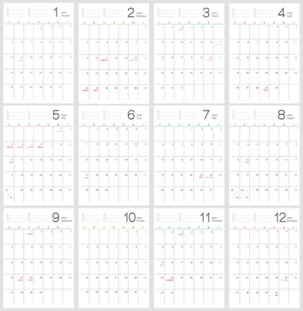 シンプルな2020年(令和2年)1月~12月の年間カレンダー