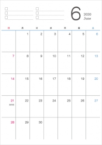 シンプルな2020年 令和2年 6月のカレンダー イラスト無料