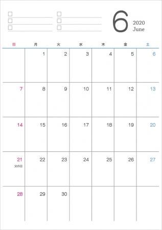 シンプルな2020年(令和2年)6月のカレンダー