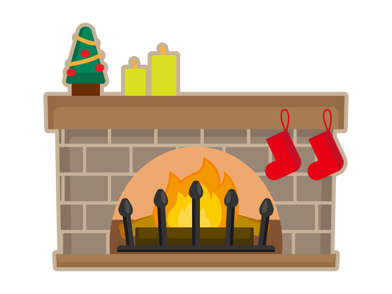 クリスマスツリーと暖炉のイラスト