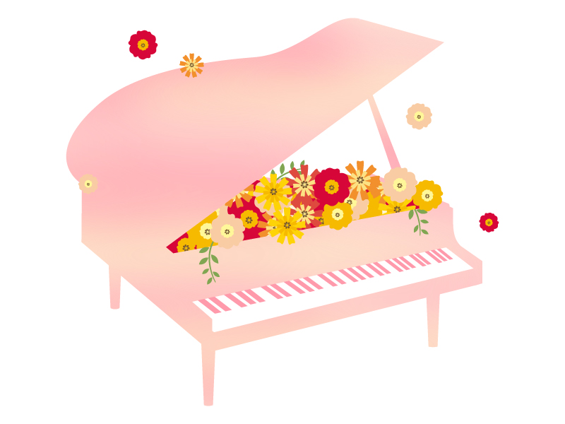 たくさんの花とグランドピアノのイラスト