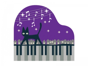 夜の街とネコとピアノのイラスト イラスト無料 かわいいテンプレート