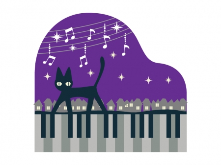 夜の街とネコとピアノのイラスト