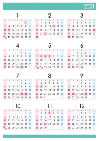 A4縦・2021年(令和3年)1月~12月の年間カレンダー