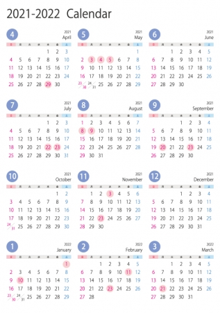 4月始まりの2021年4月~2022年3月の年間カレンダー
