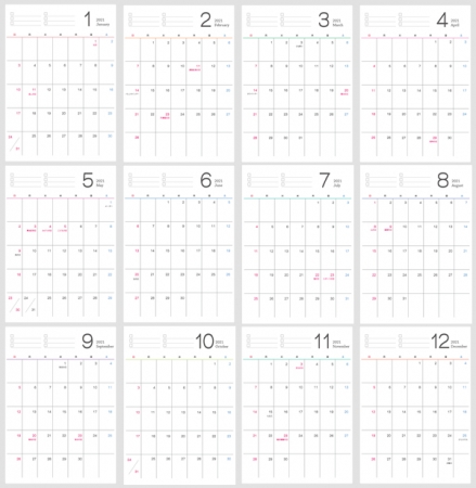 シンプルなデザインの2021年(令和3年)1月~12月の年間カレンダー
