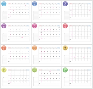 A4横 2021年 令和3年 1月 12月の年間カレンダー イラスト無料