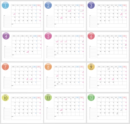 月曜始まりの2021年(令和3年)1~12月カレンダー・A4印刷用