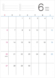 シンプルなデザインの21年 令和3年 6月のカレンダー イラスト無料 かわいいテンプレート