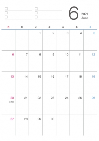 シンプルなデザインの2021年(令和3年)6月のカレンダー
