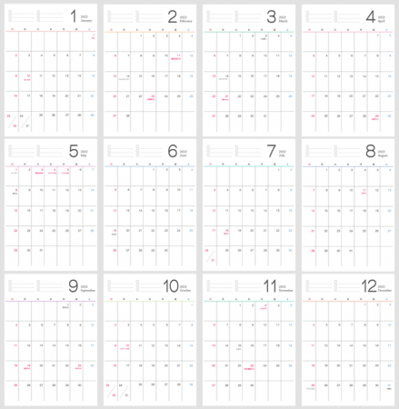 シンプルなデザインの2022年(令和4年)1月~12月の年間カレンダー
