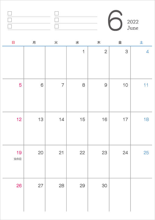シンプルなデザインの2022年（令和4年）6月のカレンダー