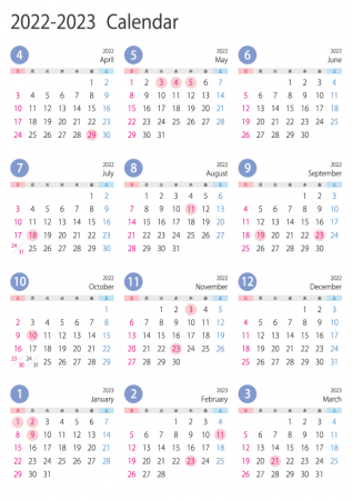4月始まりの2022年4月~2023年3月の年間カレンダー