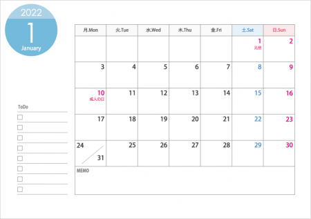 月曜始まりの2022年（令和4年）1月のカレンダー・印刷用