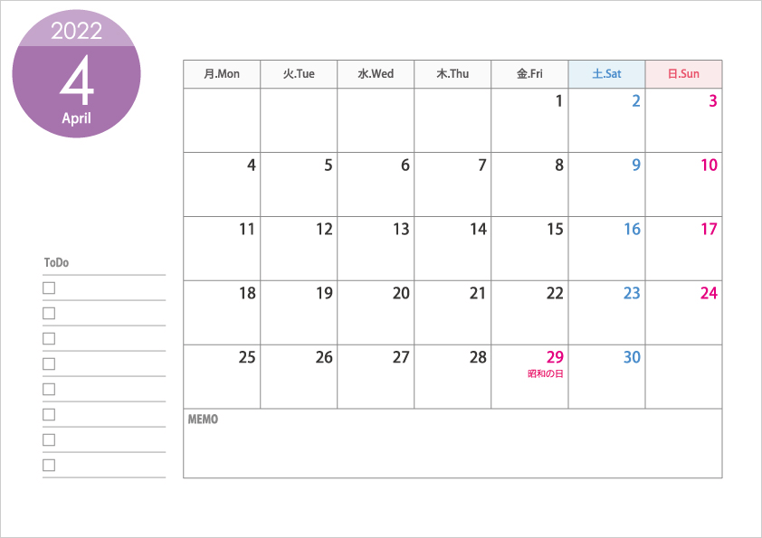 月曜始まりの2022年（令和4年）4月のカレンダー・印刷用