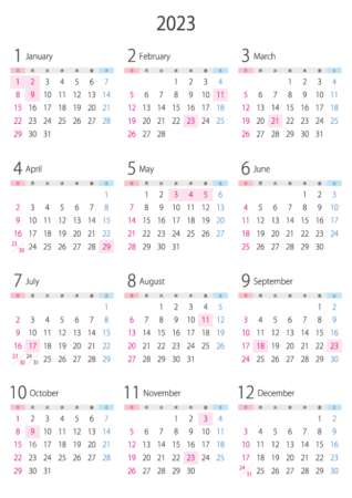 A4縦・2023年(令和5年)1月~12月の年間カレンダー_2
