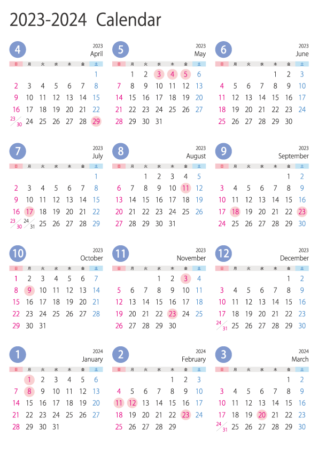 A4縦・4月始まりの2023年4月～2024年3月の年間カレンダー