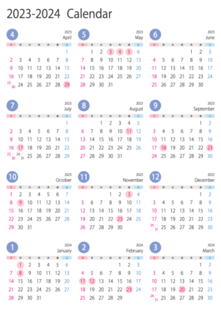 A4縦・4月始まりの2023年4月~2024年3月の年間カレンダー