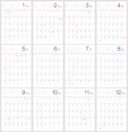 シンプルなデザインの2023年(令和5年)1月~12月の年間カレンダー