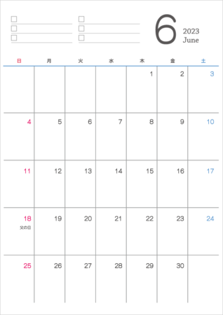 シンプルなデザインの2023年(令和5年)6月のカレンダー